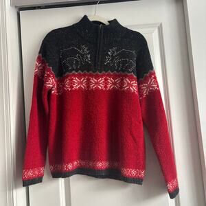 VTG Jones New York Sport 1/4 Zip Sweater Sz M Red Nordic Snowflake Moose Holiday